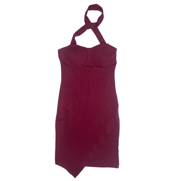 Oboe Burgundy Halter Asymmetrical Front Pullover Mini Dress Barbiecore Sexy Sm - Picture 7 of 14